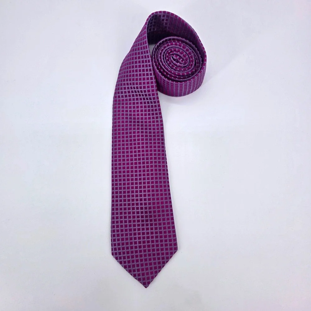 BCBG Attitude Mens Silk Necktie Magenta Purple Geometric Grid Woven Handmade Tie